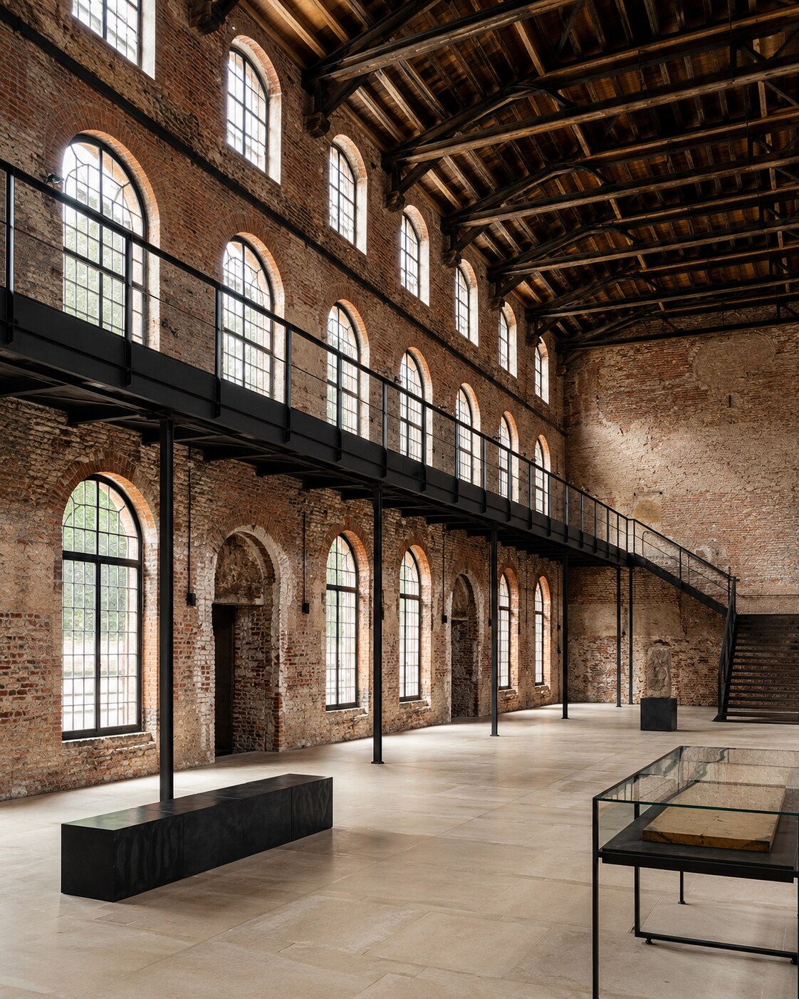 Restored brick hall with a black steel gallery