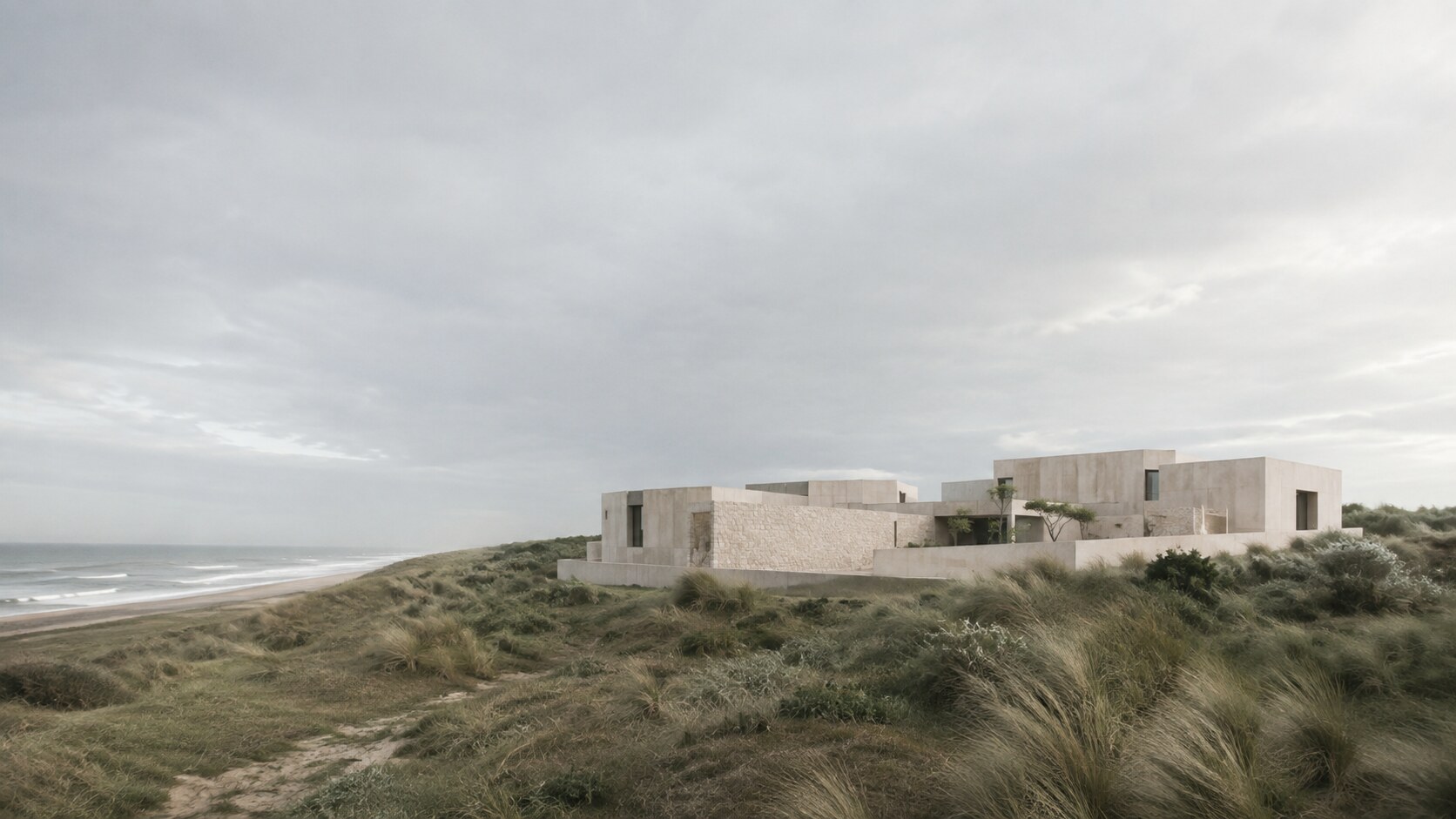 Pale concrete buildings set into a windswept dune landscape