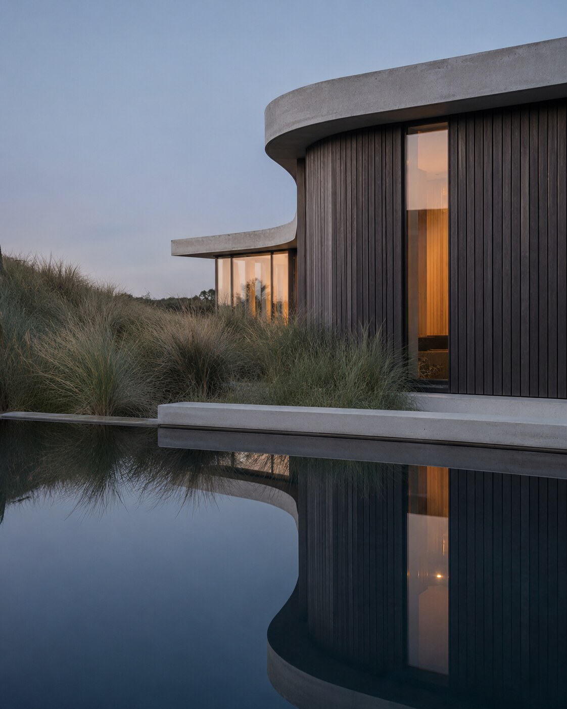 Dark timber house beside a reflecting pool