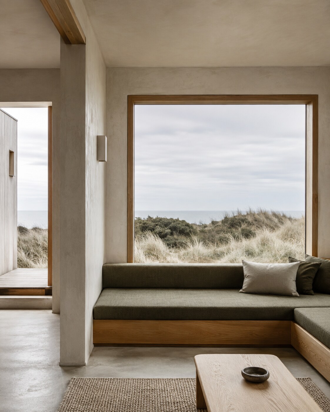 Quiet interior with an oak window seat looking over dunes