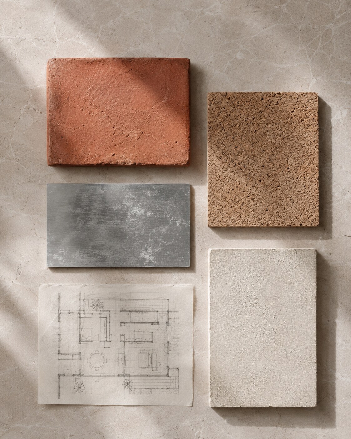 Material palette of terracotta, cork, metal and plaster