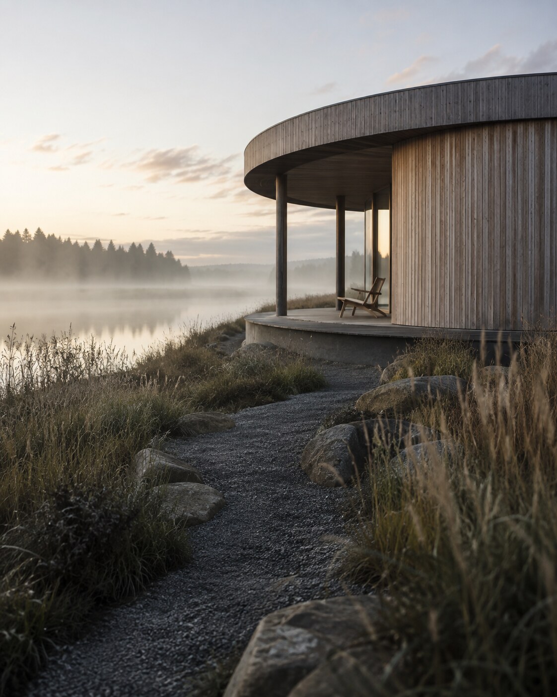 Timber pavilion by a reed landscape