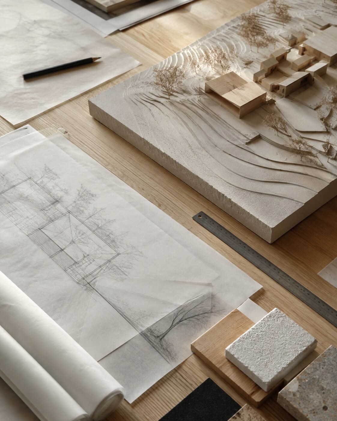 Architecture model and drawings on a studio table